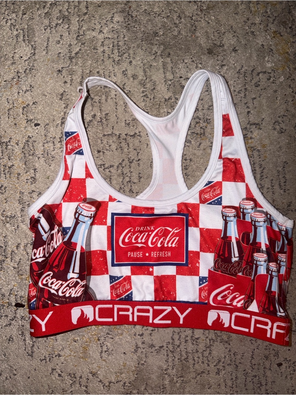 Coca-Cola Red & White Checkerboard Bottle Print Sports Bra